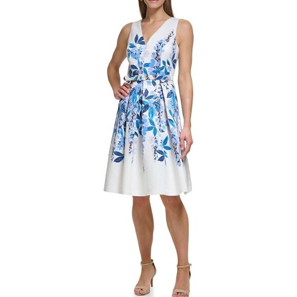 Eliza J Women's Fit Flare Style Woven Faille Sleeveless Vneck Floral Dress  0 NWT - mordernwear.com